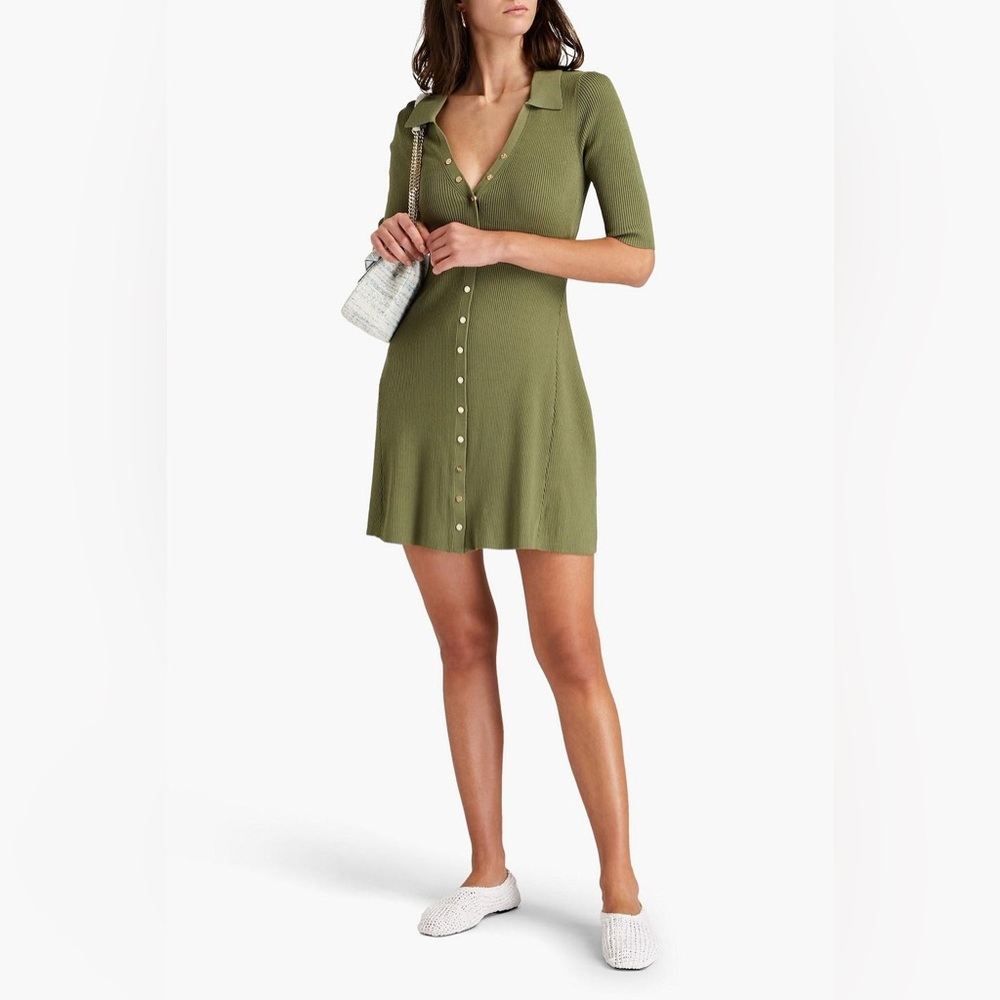 Maje Rimose khaki green button down ribbed knit short sleeve dress EU40 / medium